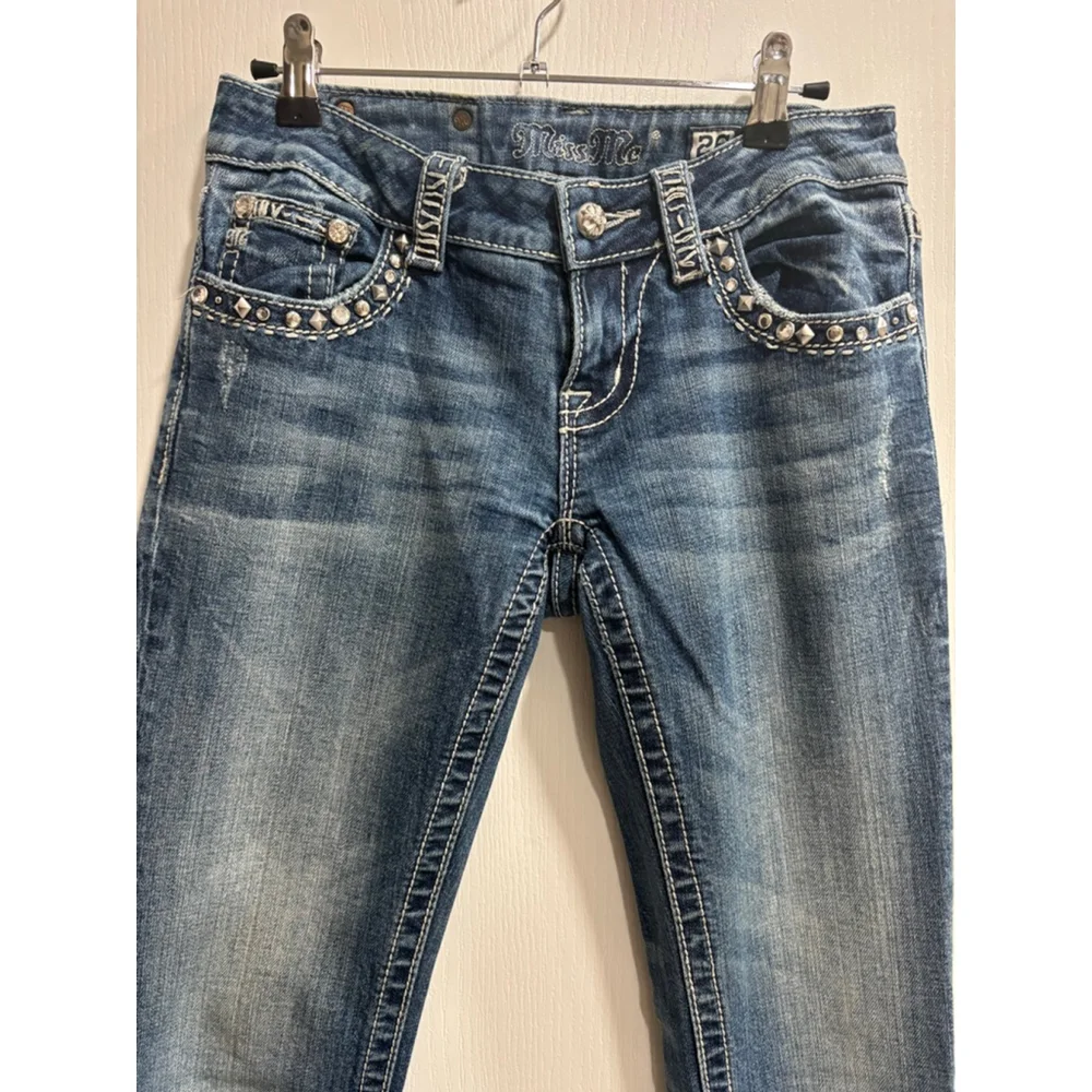 Women's Miss Me Jeans Size 26 Blue Denim Boot, Jewel Embellishments - Picture 4 of 13